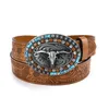 Belts Unisex Western Cowboy Belt Cow Head Buckle Fashion Vintage Beaded Peplum Jeans