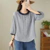 Kvinnor BLOUSES 2024 Ankomst Summer Kvinnor Casual Plaid Print Ruffled Collar Button Design Blus Three Quarter Sleeve Cotton Shirts S60