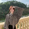 Kvinnors blusar Plaid Big Bow Long Sleeve Shirt 2024 Spring Top for Women Korean Clothes Vintage Shirts Elegant Blue Renaissance