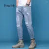 Jeans de los jeans para hombres Pantalones del agujero roto Tubo de algodón sólido delgada Tubo recto