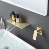 Kitchen Faucets Brushed Gold Brass Basin Faucet Waterfall Output And Cold Water Wall Mounted Split Independent Switch