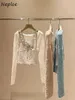 Damen Strick Neploe süßer Blumendruck Schnüre -up Sets Sling Velvet Elegante solide Modeskette Japan Frühling Schöne Anzüge Tops