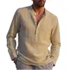 MDND Men's Casual Shirts Cotton Linen Hot Sale Mens Long-Sleeved Summer Solid Color Stand-Up Collar Beach Style Plus Size 24416