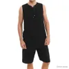 T-shirts masculins Couleur continue de couleur masculine pour hommes en lin en coton tenues à manches courtes bouton t-shirt shorts de plage deux nouveaux ensembles de sports pour hommes d'été