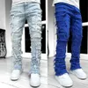 Jeans da uomo bianco di alta strada raggruppati stendeva patchwork nappa patchwork danneggiata pantaloni a full lunghezza pantaloni ippop per maschio 240412