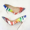 Dress Shoes Woman Splash Watercolor Printed Leather High Heels Multicolor Wedding Pump Thin Heeled Party Pointed Toe