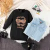 Clothing Sets Kids Girl Fall Outfits Denim Vest Waistcoat Jacket Letter Glasses Girls Hair Style Print Long Sleeve Sweatshirt 2Pcs Clothes