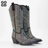 Gogd Rhinestone Fashion Womens Western Mid-Calf Boots Cowboy Cowgirl Shiny Pointed Toe Zipper Sexy High Heels Luxury 240411