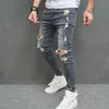 4W4m män jeans rippade magra män blyertsbyxor stilfulla hiphop -speckle bläck tryckta hål nödställda stretch denim byxor för herr d240417