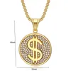 Pendant Necklaces Hip Hop Rhinestones Bling Iced Out Gold Color 316L Stainless Steel Dollar Sign Round Necklace For Men Rapper Jewerly