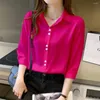 Women's Blouses 2024 Spring Summer Single-breasted Korean Shirts 4XL Female Clothing Casual Three Quarter Sleeve Blouse Solid Color