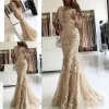 2024 Champagne Mermaid Prom -jurken met 1/2 halve mouwen kanten applique sweep trein schep nek plus maat formele avondkleding feestjurken