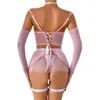 Bras Sets Sexy Lingerie Mesh See-Through Cute Teenage Girl Chain Halterneck avec des gants