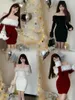 Casual Dresses Hsa Christmas Red One Shoulder Long Sleeve Dress Women's Winter Waist Slimming Hip Skirt Maomao Pure Desire Short