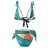 Folhas tropicais de roupas de banho feminina Bikinis Conjunto Sexy Green Blue Bikini Biquíni Fitness Print Print estético Feminino High Cut Nutwear