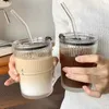 Tasses 450 ml en verre à rayures tasse de verres transparents avec couvercle et café de paille tasse tasse de thé à tasse de jus de verre au lait de lait américain 240417