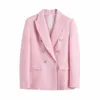 Xeasy Women Two-Piece Set Pink Tweed Vintage Office Lady Double Breasted Blazer Slimハイウエストスカートスーツ240417