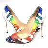 Dress Shoes Woman Splash Watercolor Printed Leather High Heels Multicolor Wedding Pump Thin Heeled Party Pointed Toe