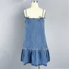 Casual Dresses 2024 Denim Dress Bow Strap Enkel och fashionabla ruffle kant ärmlös blå