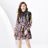 Chiffon Black Mini Flowy Tiered Dress Designer Women Long Sleeve Floral Print Short Dresses Stand Collar Sashes Bow A-Line Ladies Casual Party Beach Resort Clothing