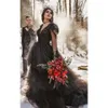 Warstwowa sukienka gotycka czarna tiulowa spódnica z długim rękawem v szyja vintage małże nowoczenne cekiny koronkowe aplikacje panny młodej sukienki ślubne 2022 Ppliques es