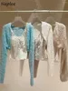 Damen Strick Neploe süßer Blumendruck Schnüre -up Sets Sling Velvet Elegante solide Modeskette Japan Frühling Schöne Anzüge Tops