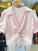 Женские блузки 2024 Летняя одежда Элегантная светская заусенка из ацетатной ткани с коротки