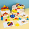 3D -Bausteine Holzpuzzle Muster Gehirnentwicklung Spielzeug mit geometrischen Formen und Farben Geschenken für Kinder