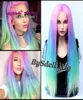 Premium Sexig skönhet Lady Pastel Pink Blue Purple Green Colorful Rainbow Hair Front Lace Wig Syntetisk anime Cosplay Spets Front Wig8840048