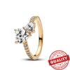 Clusterringen Luxe 14K Gold Double Heart Spoulling Diamond Ring Princess Crown Women Wedding Fine Jewelry Party Gift