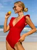 Bikinx Solid Swimsuit Женщины красные купальники Сексуальные глубокие V Neck Supplage Blaging Bless High Barging для 240408