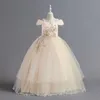 Girl's jurken bloemenmeisjes jurken voor bruiloftavond kinderen appliques prinses verjaardag prom long jurk meisjes vestidos banket jurken 12-14 jaar t240509