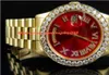 ファッション最高品質の高級腕時計18Kメンズイエローゴールド36mm赤いダイヤルビッグダイヤモンドウォッチ60 CT自動ムーブメントメンズウォッチ9675952