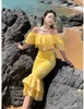 Tingfly 2024 borduurwerk elegante jurk voor vrouwen slash nek korte ruches mouw hoge taille uitgesneden midi jurken vrouwelijke zomer 240416