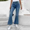 Jeans femininos Autumn High Waate Flare Caso Casual Cor Solid Soll Button Pants