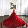 Quinceanera Red Dresses Appliques Flowers 2023 Long Train Cinderella Gowns Off Shoulder Tulle Floral Sweet 16 Dress Vestido 15 Anos