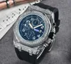 Mens Classic 6 Stiches Design Watches Stopwatch Japan Quartz Movie Mouvement Clock Black Green Rubber Strap Luxury Diamonds Ring Wristwarches Relogio Masculino