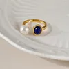 Ringos de cluster 925 Sterling Silver Gold Color Pearl Blue Zircon Ring For Women Girl Gift Retro Versátil Personalidade Jóias