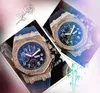 Mens Classic 6 Stiches Design Watches Stopwatch Japan Quartz Movement Clock Black Green Rubber Strap Set Auger Racing Diamonds Ring Super Wristwatches Gifts