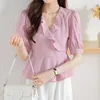 Blouses feminina Summer Solid Color Pullovers de decote em V Moda Slim Slim parece fino Manga curta Tops de chiffon de manga curta