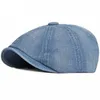 6S4O Berets Berets Men Femmes Cap plat Coton Washed Cotton Denim Cap Vintage Artiste Painter Béret UNISE