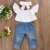 Giyim Setleri Giysiler Bebek Kız Çocuk Seti Uçan Kol Beyaz Üst Ripped Jeans Denim Pantolon Bows Head Band 3pcs Tasarımcı Kızlar Dalg