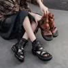 Sandalen hohe Top Frauen gewebt Open Toe Summer Stiefel 2024 Luxus hohles Schnalle Echtes Leder Dicke Fersenschuhe