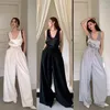 Women's Two Piece Pants French Design Suit Temperament Satin Camisole Summer Pleated Wide-leg Casual Two-piece Set