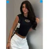 Womens Tshirt Y2k Top Shirts for Women Fashion Street Spice Girl Slim Show Chest D Embroidery Crop Short Open Umbilical Versatile 658