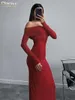 Casual Dresses Clacive Sexy Slim Gray Kniited Dress Ldies Elegant Classic Slash Neck Long Sleeve Party Ankle Length For Women 2024