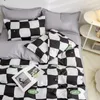 Cartoon Pink Cute Pig Bedding Set Twin Full Queen Size Chessboard Quilt Covers Kawaii Sheet Pillowcase Bedroom Bed Linen 240417