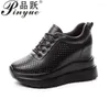 Casual schoenen 10 cm echt leer Vulkaniseerd platform Wedge Women Fashion Sneakers Hollow Hidden Heelt Vower Up toename 34 39