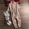 Herrespår Summer Casual Jumpsuit Solid Color Safari Style Set Single Breasted Lapel Kort ärm snörning Spetsar upp fotledslängder