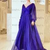 Long A-Line Puff Sleeve Prom Dresses Royal Blue Formal Evening Gowns Floor Length Simple Elegant Satin Tulle Special Ocn Wear For Women 2023 Arabic